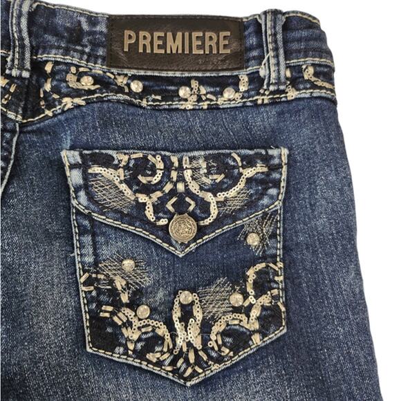 Bling Bootcut Jeans 5/6 28 Abrasion Faded Y2k Embroidered Sequins Low Rise - Picture 6 of 12